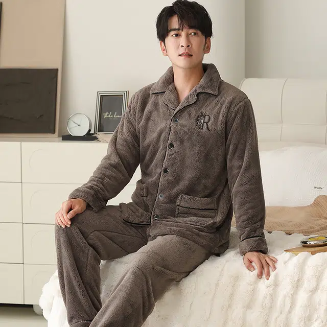 兰缪 纯色字母刺绣翻领舒适上衣保暖亲肤长裤睡衣套装 男款 咖色