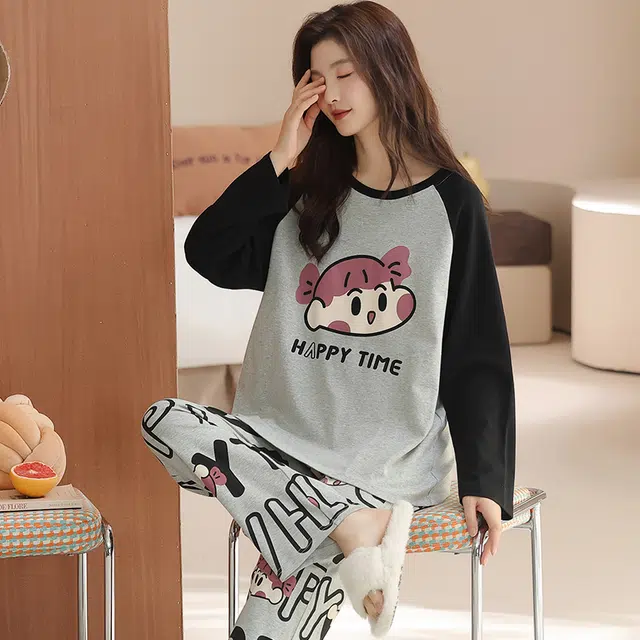 兰缪 纯棉女春夏秋冬款长袖长裤薄款简约圆领套头女士可外穿家居服睡衣套装 女款