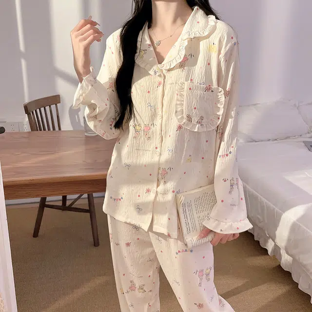 兰缪 卡通可爱长袖长裤带胸垫一体家居服睡衣套装 女款 杏色