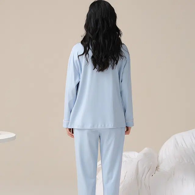 兰缪 纯棉长袖带胸垫简约舒适柔软亲肤睡衣套装 女款 图色