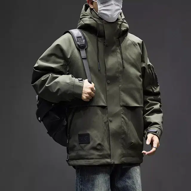 童先森 加厚防风男冬季美式户外潮牌工装夹克男士连帽外套羽绒服 男款