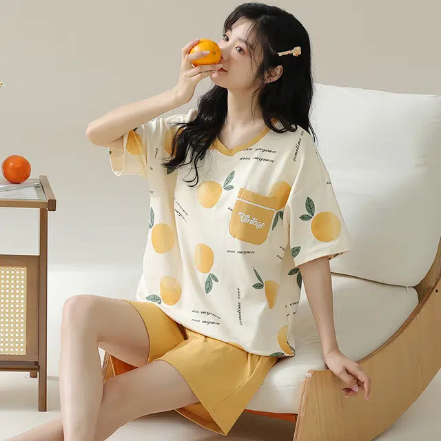 浮光岛屿 简约时尚可爱带胸垫圆领高级感短袖家居服凉感休闲舒适亲肤可外穿睡衣套装 女款 礼盒装 橙色