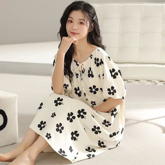 浮光岛屿 简约柔软高级感带胸垫短袖休闲舒适亲肤凉爽透气可外穿家居服睡裙 女款 礼盒装 杏色