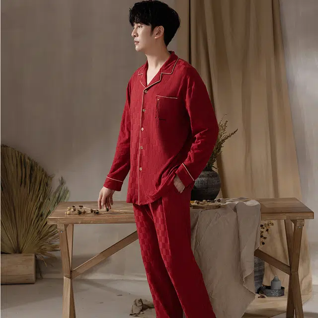 浮光岛屿 简约超柔软中国红翻领高级感长袖长裤家居服舒适亲肤透气可外穿宽松休闲 睡衣套装 男款 礼盒装 红色