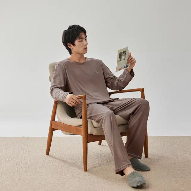 浮光岛屿 礼盒款简约系列 美拉德纯色莫代尔棉大码休闲舒适可外穿长袖睡衣 家居服套装 男款 棕色