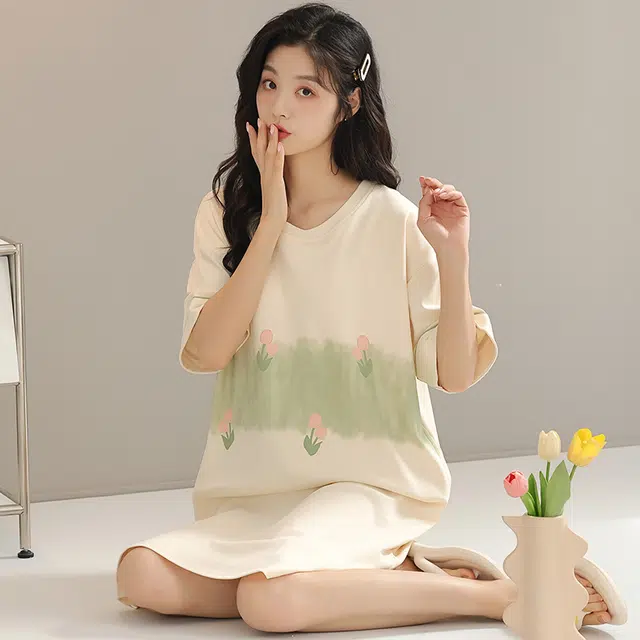 浮光岛屿 简约纯色柔软高级感带胸垫短袖休闲舒适亲肤凉爽透气可外穿家居服睡裙 女款 礼盒装 黄色