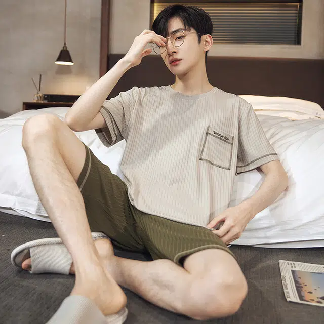 浮光岛屿 简约纯色高级感柔软亲肤圆领短袖睡衣礼盒 男款 米白色