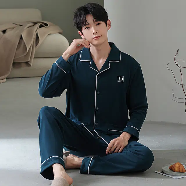 浮光岛屿 简约纯色时尚翻领高级感家居服舒适亲肤可外穿睡衣套装 男款 礼盒装 藏青色