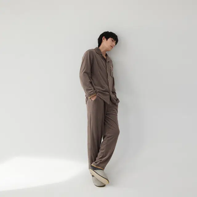浮光岛屿 美拉德珊瑚绒睡衣男秋冬款法兰绒时尚简约舒适休闲可外穿长袖家居服 家居套装 男款 深棕色