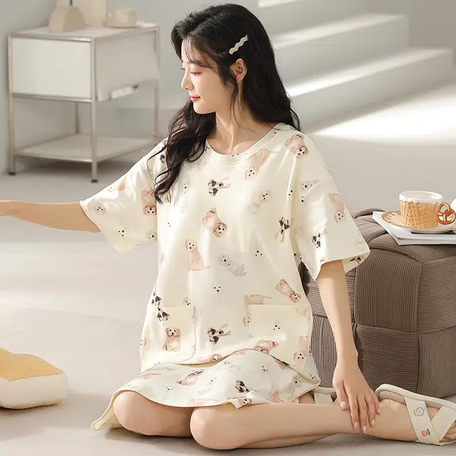 浮光岛屿 简约柔软可爱高级感带胸垫短袖休闲舒适亲肤凉爽透气可外穿家居服睡裙 女款 礼盒装 杏色