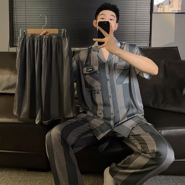 浮光岛屿 柔软凉感简约高级感时尚潮流大气短袖家居服舒适亲肤透气可外穿宽松休闲夏季睡衣套装 男款