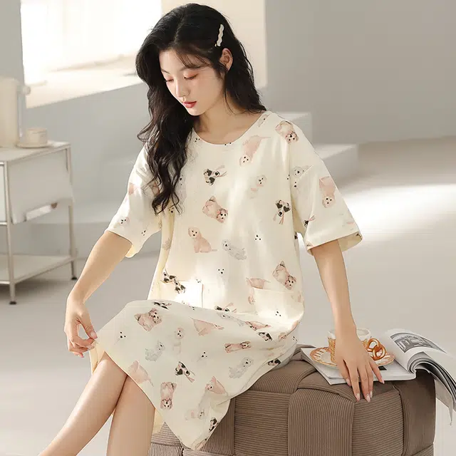 浮光岛屿 简约柔软可爱高级感带胸垫短袖休闲舒适亲肤凉爽透气可外穿家居服睡裙 女款 礼盒装 杏色