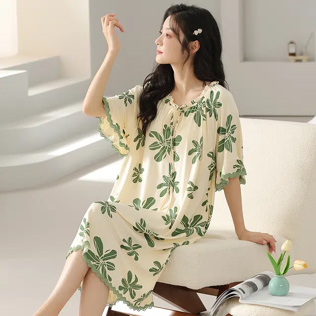 浮光岛屿 简约柔软可爱高级感带胸垫短袖休闲舒适亲肤凉爽透气可外穿家居服睡裙 女款 礼盒装 浅绿色