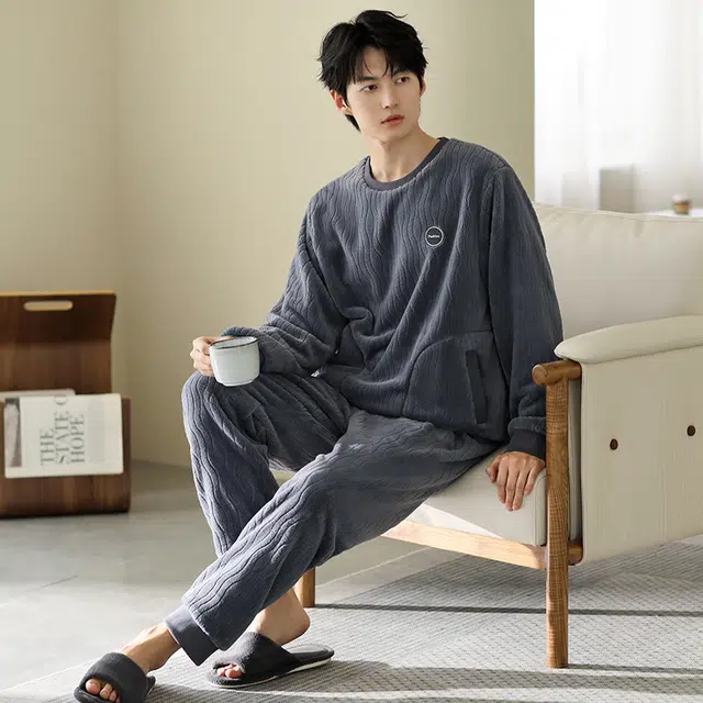 浮光岛屿 简约纯色波浪纹高级感家居服舒适亲肤保暖可外穿休闲睡衣礼盒 男款 淡蓝色