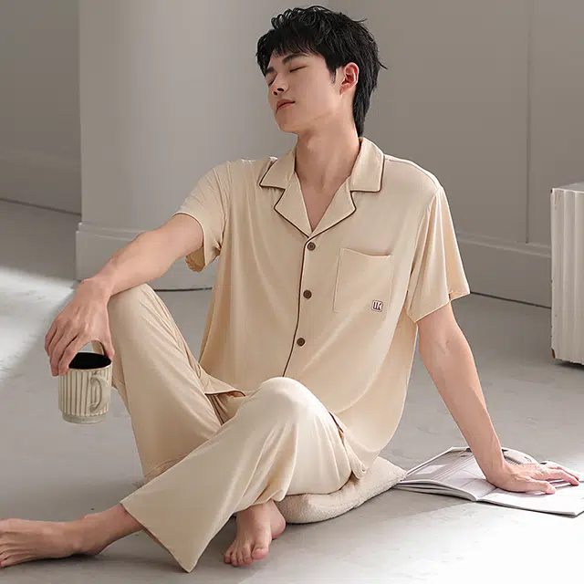 浮光岛屿 简约纯色柔软时尚高级感短袖长裤翻领家居服舒适亲肤透气可外穿睡衣套装 男款 礼盒装 杏色