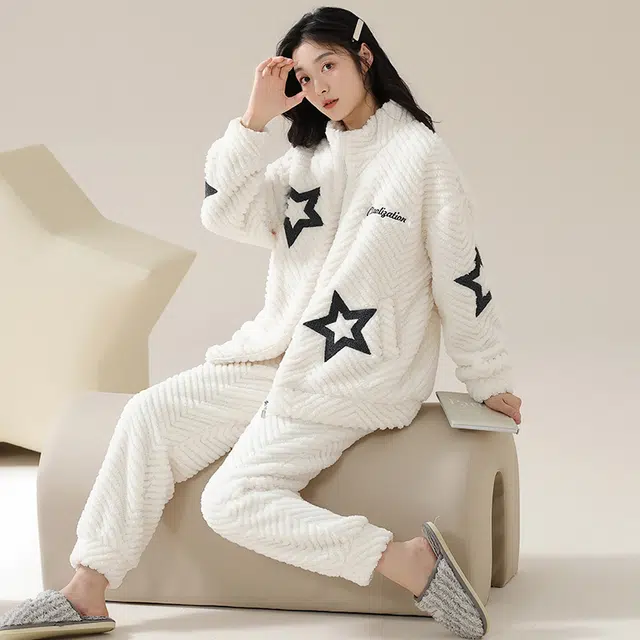 浮光岛屿 珊瑚绒睡衣女秋冬款加厚保暖法兰绒时尚嘻哈星星休闲宽松可外穿家居服 家居套装 女款 米白色