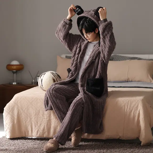 浮光岛屿 美拉德珊瑚绒加厚法兰绒可爱连帽宽松保暖可外穿家居服睡衣套装 男款 棕色
