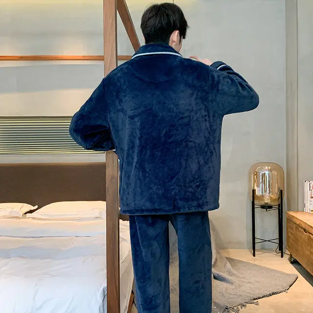 浮光岛屿 珊瑚绒睡衣男秋冬款加绒加厚保暖法兰绒简约翻领开衫可外穿家居服 家居套装 男款 宝蓝色