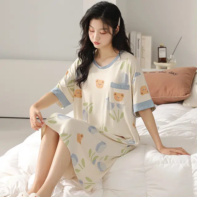 浮光岛屿 简约柔软可爱清新高级感带胸垫短袖休闲舒适亲肤凉爽透气可外穿家居服睡裙 女款 礼盒装 浅黄色