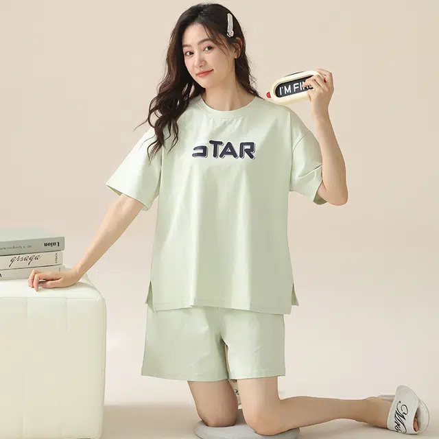浮光岛屿 凉感纯棉短袖家居服简约时尚圆领休闲上衣短裤宽松实用可外穿睡衣套装 女款 礼盒款 薄荷绿