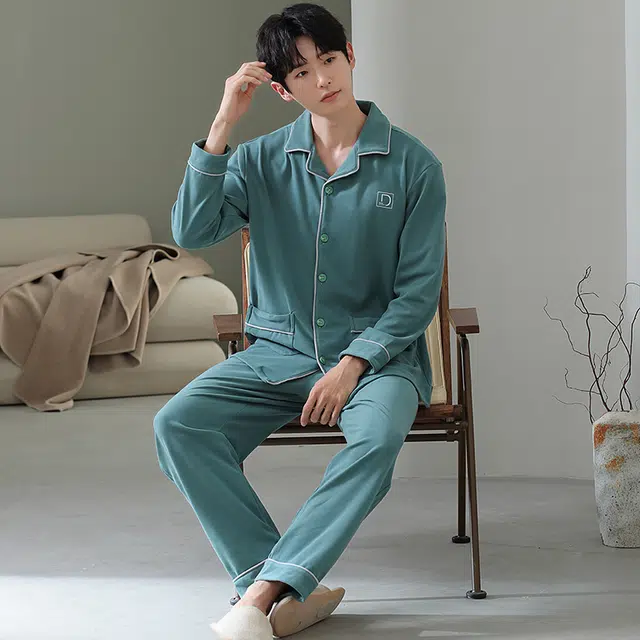 浮光岛屿 简约纯色时尚翻领高级感家居服舒适亲肤保暖可外穿睡衣套装 男款 礼盒装 浅绿色