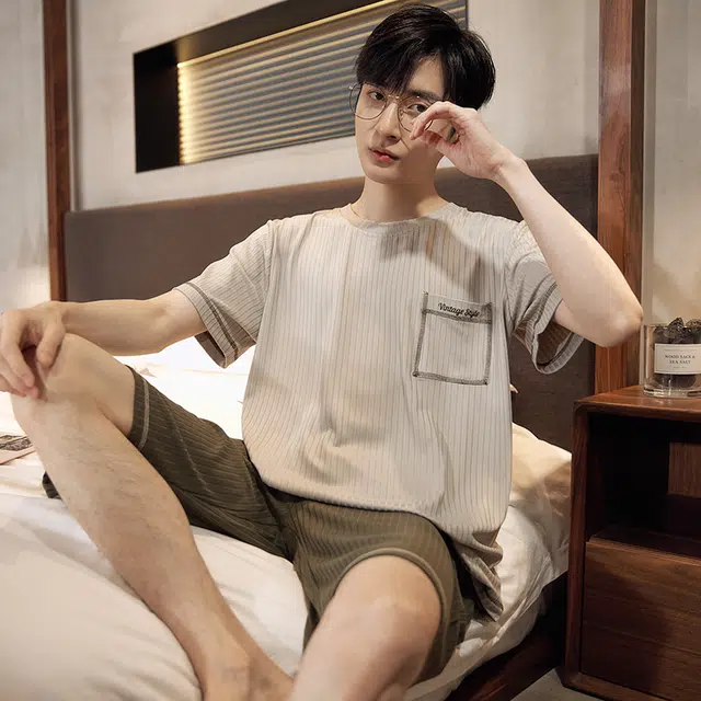 浮光岛屿 简约纯色高级感柔软亲肤圆领短袖睡衣礼盒 男款 米白色