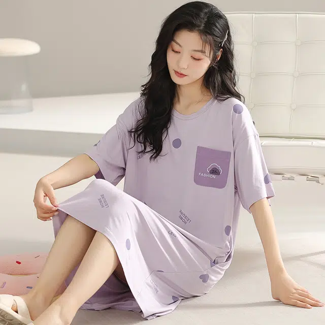 浮光岛屿 简约柔软时尚字母高级感带胸垫短袖休闲舒适亲肤透气可外穿家居服睡裙 女款 礼盒装 紫色