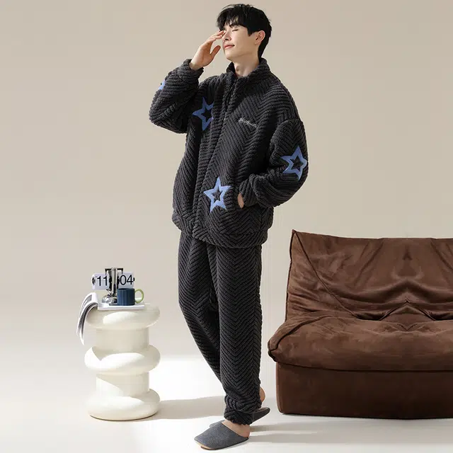浮光岛屿 珊瑚绒睡衣男秋冬款加厚保暖法兰绒时尚嘻哈星星休闲宽松可外穿家居服 家居套装 男款 碳灰色