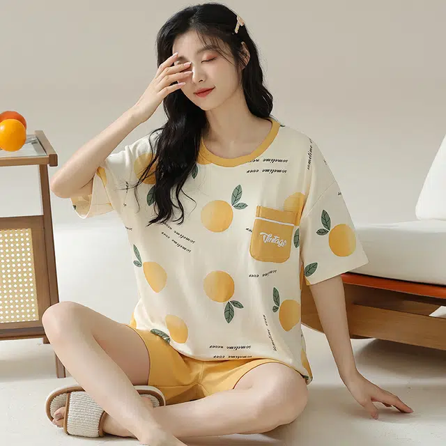 浮光岛屿 简约时尚可爱带胸垫圆领高级感短袖家居服凉感休闲舒适亲肤可外穿睡衣套装 女款 礼盒装 橙色
