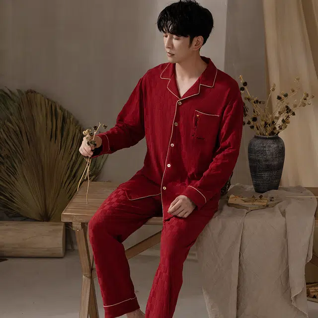 浮光岛屿 简约超柔软中国红翻领高级感长袖长裤家居服舒适亲肤透气可外穿宽松休闲 睡衣套装 男款 礼盒装 红色