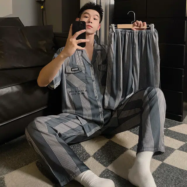 浮光岛屿 柔软凉感简约高级感时尚潮流大气短袖家居服舒适亲肤透气可外穿宽松休闲夏季睡衣套装 男款