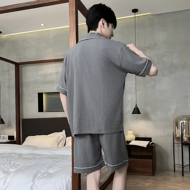 浮光岛屿 简约柔软纯色凉感高级感时尚大气潮流小清新短袖短裤家居服舒适亲肤透气可外穿宽松休闲夏季睡衣套装 男款