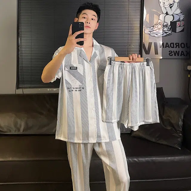 浮光岛屿 柔软凉感简约高级感时尚潮流短袖亲肤透气可外穿宽松休闲睡衣套装 男款