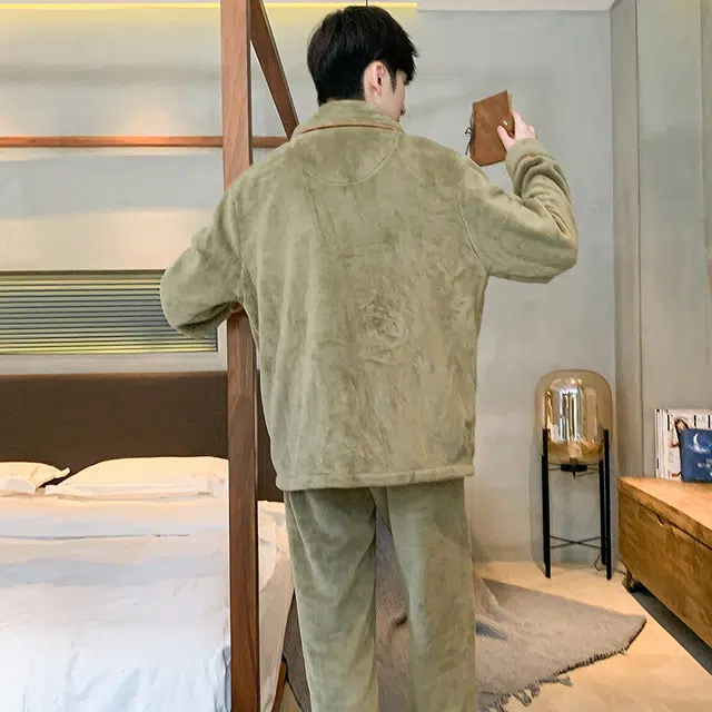 浮光岛屿 美拉德珊瑚绒睡衣男秋冬款加绒加厚保暖法兰绒简约翻领开衫可外穿内衣 男款 棕色
