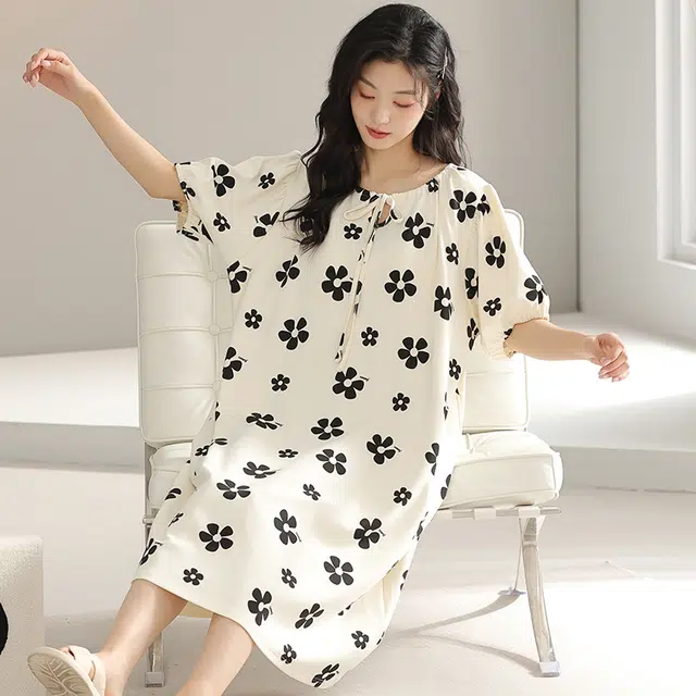 浮光岛屿 简约柔软高级感带胸垫短袖休闲舒适亲肤凉爽透气可外穿家居服睡裙 女款 礼盒装 杏色