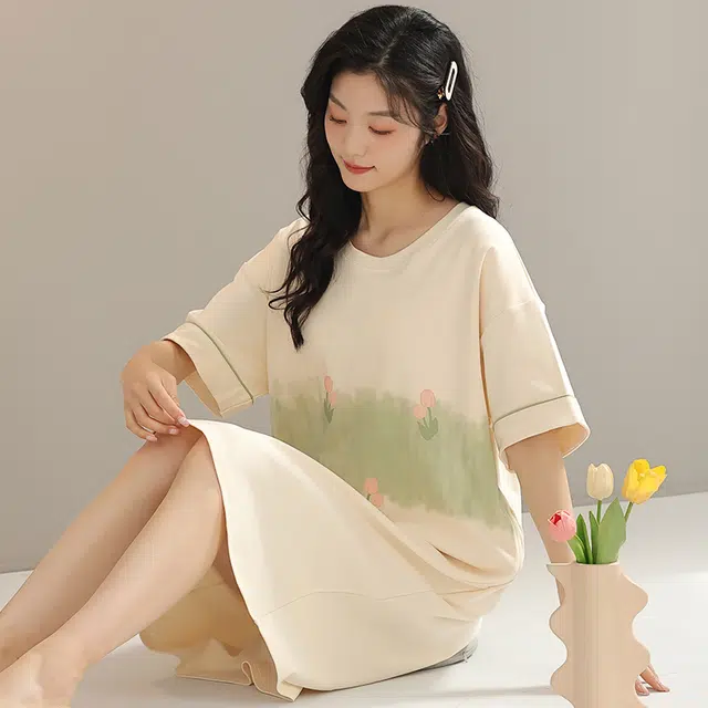 浮光岛屿 简约纯色柔软高级感带胸垫短袖休闲舒适亲肤凉爽透气可外穿家居服睡裙 女款 礼盒装 黄色