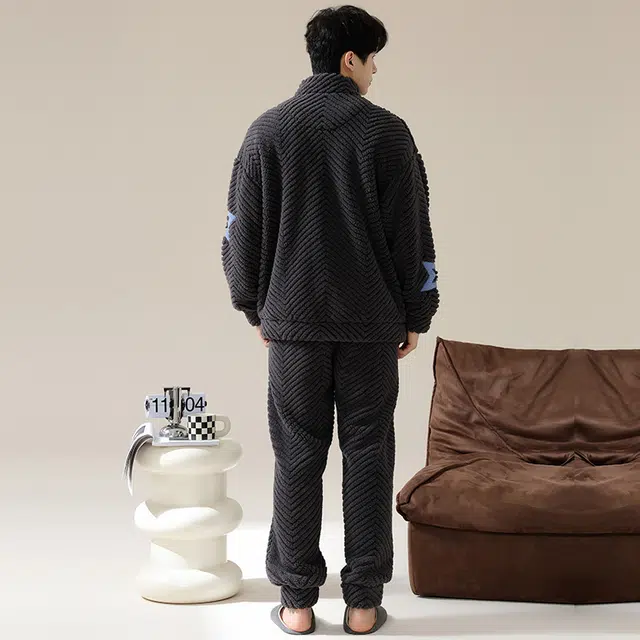 浮光岛屿 珊瑚绒睡衣男秋冬款加厚保暖法兰绒时尚嘻哈星星休闲宽松可外穿家居服 家居套装 男款 碳灰色