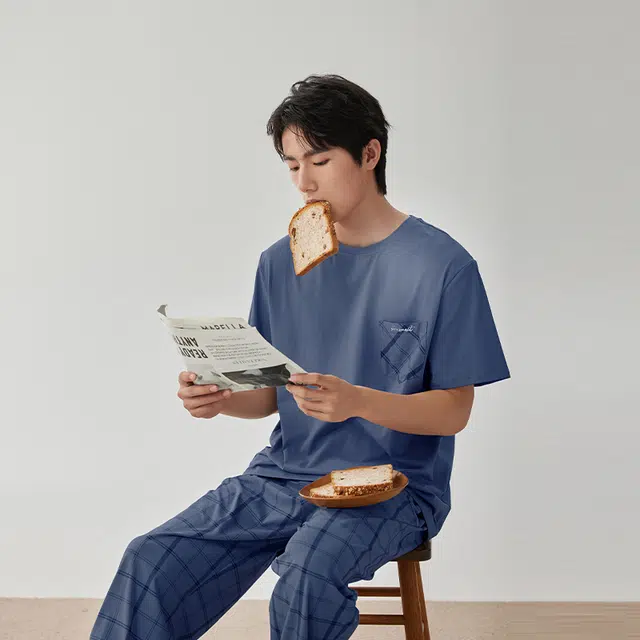 浮光岛屿 礼盒款简约系列 柔软舒适凉感棉格子口袋休闲宽松可外穿短袖长裤睡衣 家居服套装 男款 深蓝色