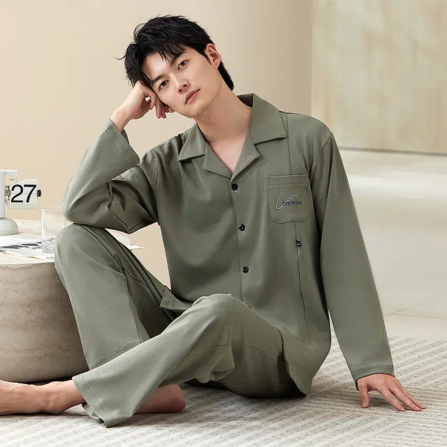 浮光岛屿 简约纯色时尚翻领高级感长袖长裤家居服舒适亲肤凉感休闲可外穿睡衣套装 男款 礼盒装 浅绿色