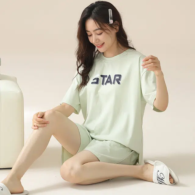 浮光岛屿 凉感纯棉短袖家居服简约时尚圆领休闲上衣短裤宽松实用可外穿睡衣套装 女款 礼盒款 薄荷绿