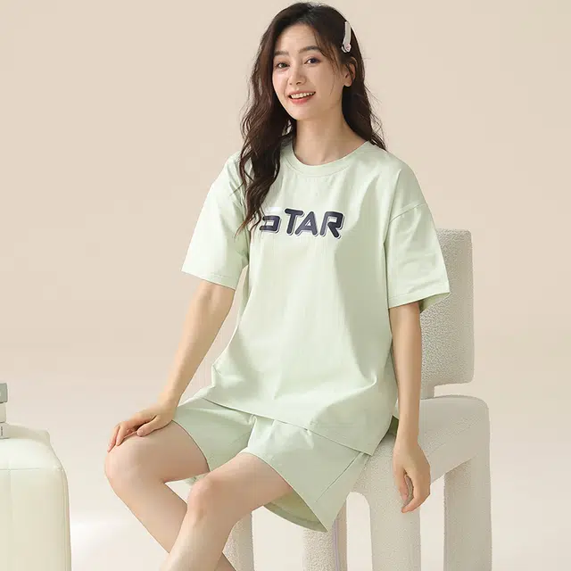 浮光岛屿 凉感纯棉短袖家居服简约时尚圆领休闲上衣短裤宽松实用可外穿睡衣套装 女款 礼盒款 薄荷绿