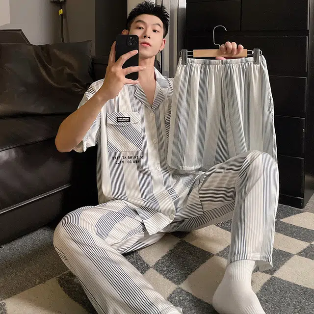 浮光岛屿 柔软凉感简约高级感时尚潮流短袖亲肤透气可外穿宽松休闲睡衣套装 男款