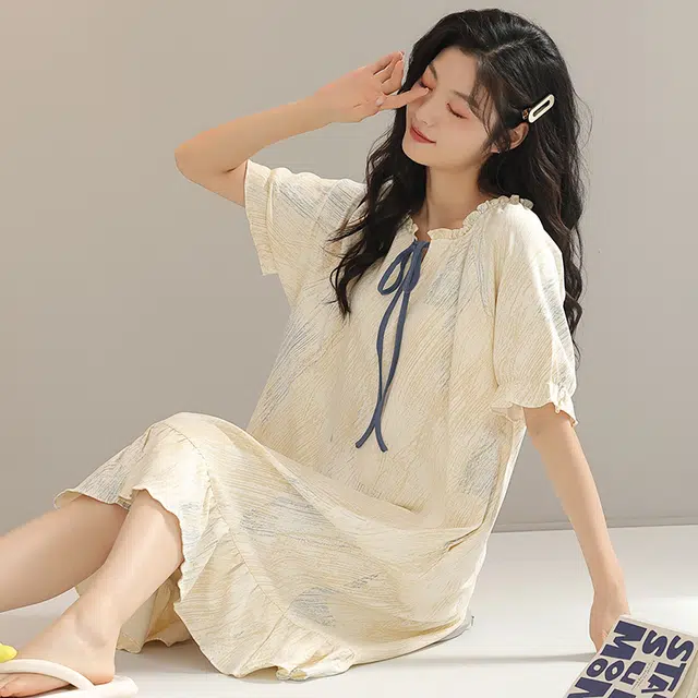 浮光岛屿 简约时尚柔软高级感带胸垫短袖休闲舒适亲肤凉爽透气可外穿家居服睡裙 女款 礼盒装 黄色