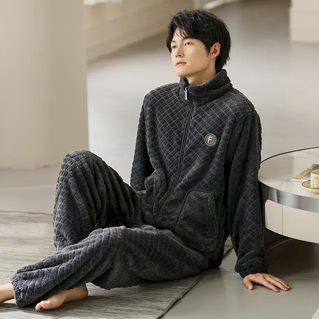 浮光岛屿 简约纯色格子大码高级感家居服舒适亲肤保暖可外穿宽松休闲 秋冬睡衣套装 礼袋款 男款 藏青色