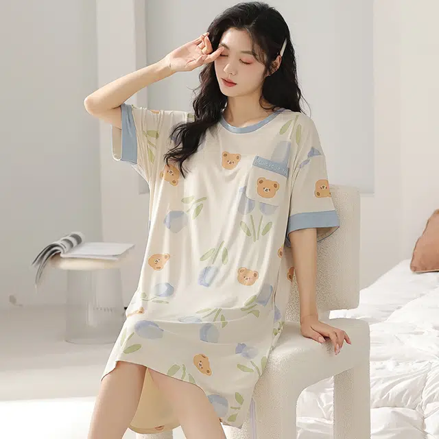 浮光岛屿 简约柔软可爱清新高级感带胸垫短袖休闲舒适亲肤凉爽透气可外穿家居服睡裙 女款 礼盒装 浅黄色