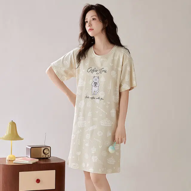 浮光岛屿 简约纯棉柔软字母印花图案高级感短袖带胸垫家居服舒适亲肤透气可外穿休闲睡裙 女款