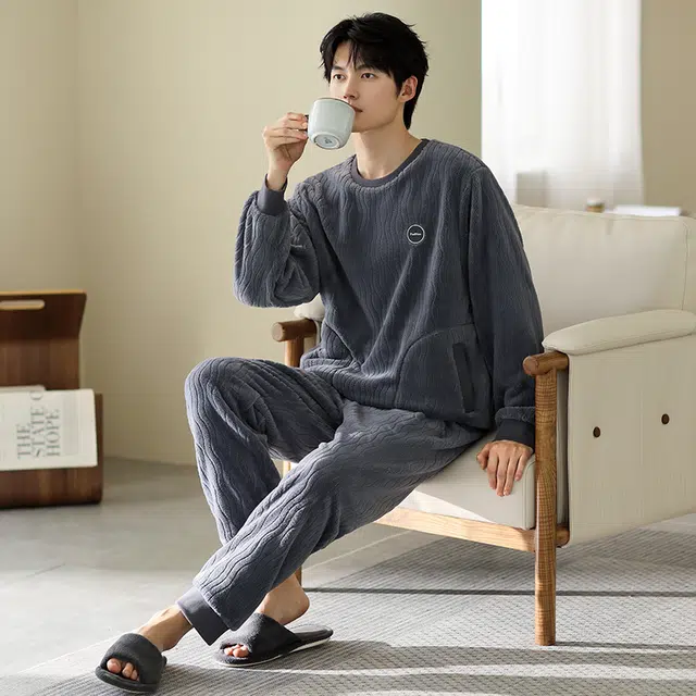 浮光岛屿 简约纯色波浪纹高级感家居服舒适亲肤保暖可外穿休闲睡衣礼盒 男款 淡蓝色