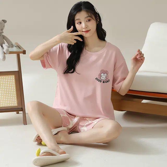 浮光岛屿 简约时尚可爱带胸垫圆领高级感短袖家居服凉感休闲舒适亲肤可外穿睡衣套装 女款 礼盒装 粉红色