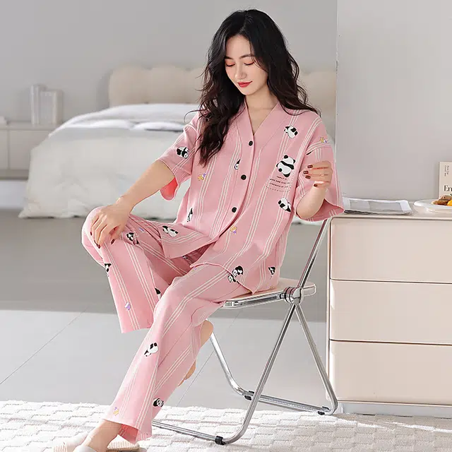 浮光岛屿 简约熊猫图案带胸垫高级感短袖长裤家居服凉感休闲舒适亲肤可外穿睡衣套装 女款 礼盒装 粉红色