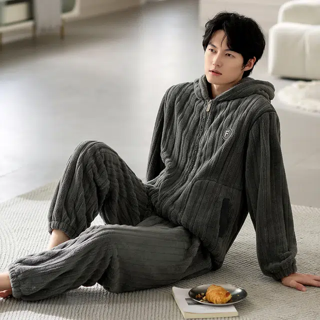 浮光岛屿 简约纯色时尚大气连帽高级感家居服舒适亲肤保暖可外穿宽松休闲 秋冬睡衣套装 礼袋款 男款 浅灰色